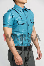 Load image into Gallery viewer, Sky Blue Black Piping Leather Shirt